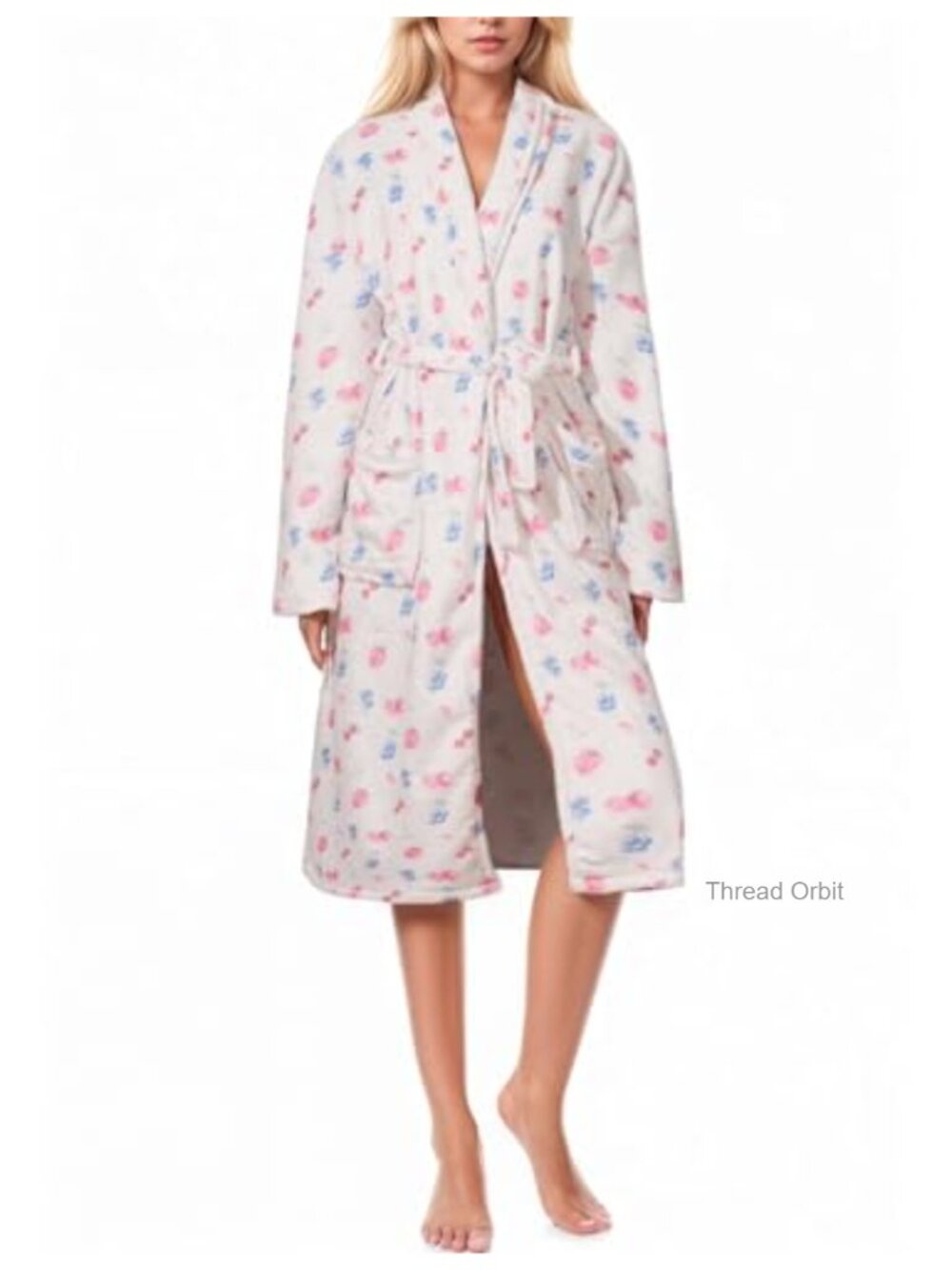 Women Fleece Plush Robe Floral Fruit Print Soft Flannel Bathrobe Long